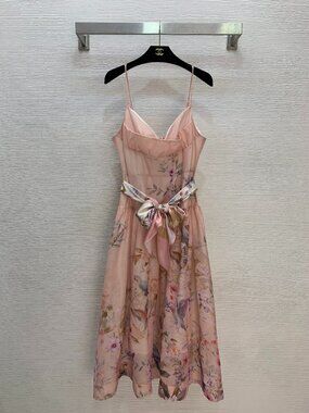 Agua by Agua Bendita Resort Wear Pink Floral Bird Print Tie Waist Midi Dress